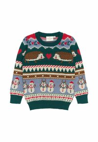 Maglione verde lavorato a maglia con motivi di riccio, cuore e pupazzo di neve in rosso, marrone e blu, con polsini e orlo a coste.
