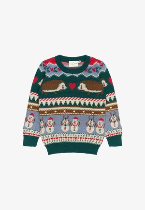 Pull en laine verte tricoté avec des motifs de hérisson, de cœur et de bonhomme de neige en rouge, marron et bleu, avec des poignets et un ourlet côtelés.