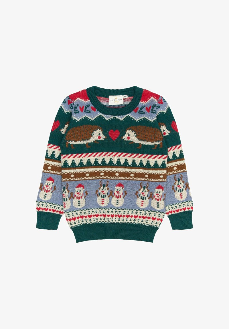 Maglione verde lavorato a maglia con motivi di riccio, cuore e pupazzo di neve in rosso, marrone e blu, con polsini e orlo a coste.