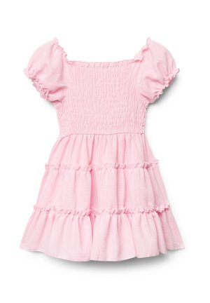 Vestito rosa chiaro per bambina con corpetto arricciato, maniche corte a sbuffo, scollo quadrato e gonna a balze a più strati.