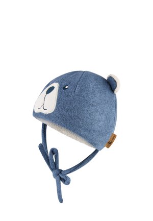 Blue felt hat with a bear face design, featuring a white accent nose and ears, soft inner lining, and adjustable tie straps.