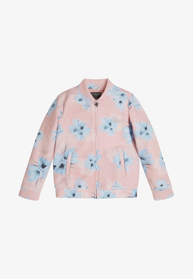 Veste rose zippée avec motif floral bleu clair et blanc, deux poches avant et un petit logo brodé sur la poitrine.
