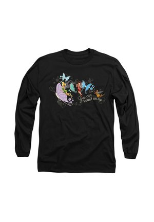 Black long-sleeve shirt featuring colorful fairy graphics and the text "You can count on me" in a whimsical font.