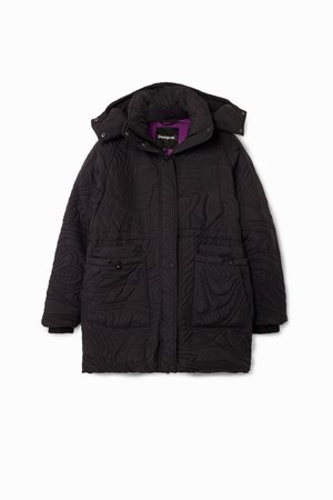 Black quilted coat with a hood, featuring two front pockets and a textured pattern. Interior lining is purple. Button and zipper closure.