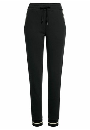 Schwarze Jogginghosen aus weichem Material, mit einem verstellbaren Kordelzugbund, Seitentaschen mit kontrastierendem Piping und gerippten Bündchen.