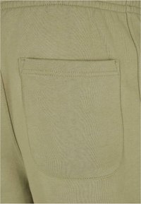 Light green cotton shorts featuring a single back pocket with a stitched edge. The fabric has a soft, textured finish.