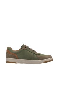 Grüne Leder-Sneaker mit braunen Akzenten, runder Zehenpartie, Schnürdesign und strukturierten Wildleder-Paneelen. Mit einer weißen Gummisohle.