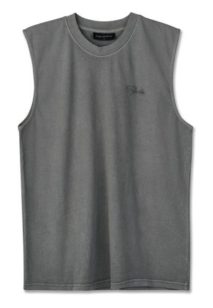 Ujjatlan szürke kerek nyakú trikó kis hímzett logóval a bal mellrészen és látható márkajelzéssel a nyakkivágás belső oldalán.