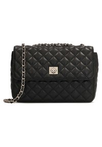 Black quilted leather handbag with a chain strap. Features a front flap, silver hardware, and a diamond pattern on the surface.