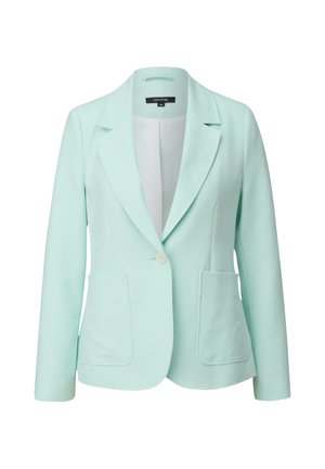 Mint green blazer with a structured design, single button closure, notched lapels, and two front pockets. Smooth texture with a minimal look.