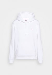 Felpa bianca con cappuccio, tasca frontale, cordino e piccolo logo della bandiera Tommy Hilfiger sul petto.