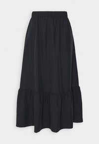 Jupe midi noire avec taille élastique et ourlet à volants froncés, en tissu léger.