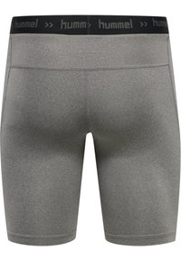 Grå idrottsshorts med en texturerad finish, med ett svart elastiskt midjeband med "hummel"-logotyp. Längden når till mitten av låret.