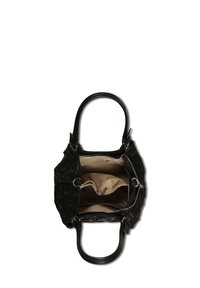 Zwarte leren handtas met een gestructureerde buitenkant, voorzien van een ruime binnenkant bekleed met beige stof en meerdere vakken.