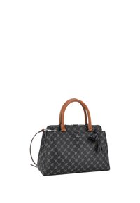 Borsa nera con motivo, manici in pelle marrone, accessori in argento e un tassello staccabile. Presenta un design strutturato.