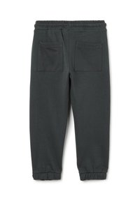 Donkergrijze sweatpants van een katoenmix, met een elastische tailleband, afgewerkte broekspijpen en twee achterzakken. Gladde textuur, casual ontwerp.