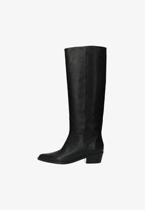 Black knee-high boots made of smooth leather. Features a slightly pointed toe and a low, block heel for stability. Simple and sleek design.
