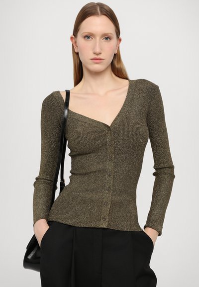 Langsleeve, diepe V-hals cardigan in gestructureerde, metallic olijfgroene stof met een getailleerde pasvorm en knoopsluiting aan de voorkant.