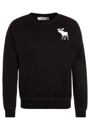 Sort langærmet sweatshirt med rund halsudskæring, med lille hvid elg-logo på øverste venstre bryst, fra Abercrombie Kids.