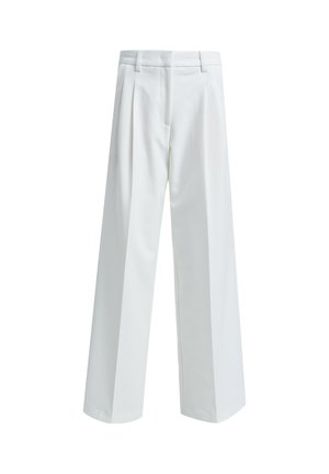 White wide-leg trousers with front pleats, belt loops, and a smooth waistband, shown on a white background.