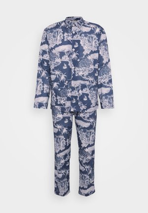 Navy blue pajama set made of soft fabric featuring white tropical patterns with animals and plants. Includes a long-sleeved shirt and pants.