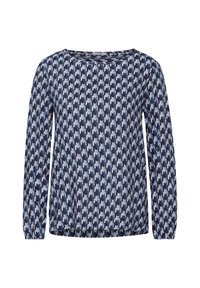 Blouse à manches longues en motif pied-de-poule bleu marine et bleu clair, avec un col rond et un tissu léger offrant une coupe décontractée.