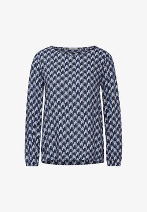 Lange mouw blouse in marineblauw en lichtblauw houndstoothpatroon, met een ronde halslijn en lichte stof met een relaxte pasvorm.