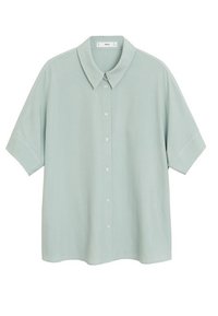 Chemise boutonée à manches courtes vert clair avec un col classique et une coupe ample et carrée.
