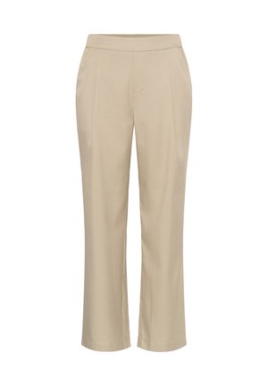 Pantalon beige à coupe droite, présentant un motif rayé subtil et une texture lisse. Conçu avec des poches latérales et une bande à la taille.