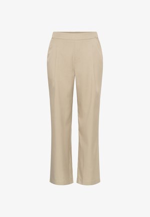 Pantalones beige con corte recto, que presentan un sutil patrón de rayas y una textura suave. Diseñados con bolsillos laterales y una banda en la cintura.