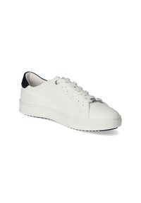 White leather sneakers with a black heel cap, round toe, and textured rubber sole. Features rounded laces and minimal stitching details.