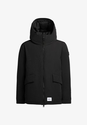 Black insulated jacket with a high collar, large front pockets, and zip closure. Smooth exterior fabric with a matte finish.