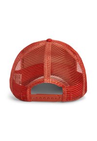 Red mesh trucker cap with solid fabric front, adjustable snapback closure, and a round top button detailing. Ventilated design for breathability.