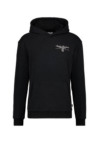 Felpa con cappuccio nera in cotone. Presenta una tasca frontale, polsini a coste e un logo ricamato sul petto. Vestibilità casual e rilassata.