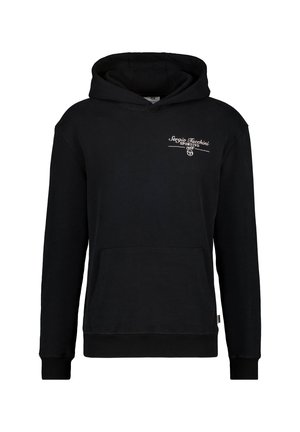 Zwarte hoodie gemaakt van katoen. Bevat een voorzak, ribgebreide manchetten en een geborduurd logo op de borst. Casual en relaxed fit.
