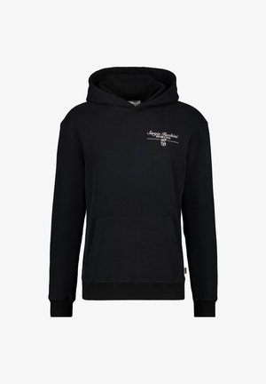 Zwarte hoodie gemaakt van katoen. Bevat een voorzak, ribgebreide manchetten en een geborduurd logo op de borst. Casual en relaxed fit.