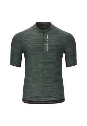 Fietsshirt met korte mouwen in donkergroen, met een gestructureerd patroon, volledige ritssluiting aan de voorkant en zwarte "ENDURANCE" branding aan de zoom.