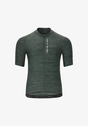 Maillot de cyclisme à manches courtes en vert foncé, avec un motif texturé, fermeture éclair avant complète et un logo "ENDURANCE" noir au bas.