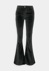 Black flared trousers made of soft velvet with a smooth texture, featuring a front button closure and two side pockets.