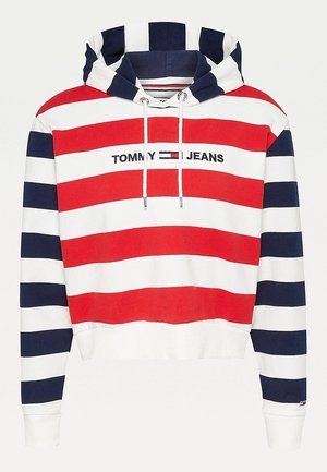 Sweatshirt met capuchon en horizontale rode, witte en marineblauwe strepen, met het "Tommy Jeans"-logo en trekkoorden aan de capuchon.