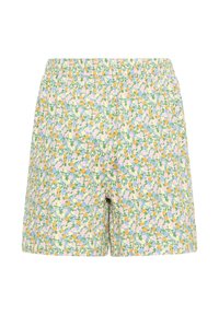 Shorts à motif floral avec une taille élastique, présentant de petites fleurs jaunes, vertes, violettes et blanches sur un fond clair.
