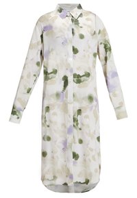 Lång skjortklänning i lätt material, med ett akvarellmönster i gröna, lila och beiga nyanser och klassisk krage.
