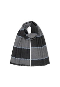 Szary szalik w ciemno- i jasnoszare paski, z niebieskim akcentem, miękka tekstura i frędzlowe krawędzie.