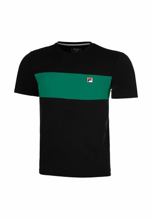 T-shirt noir à manches courtes avec une bande horizontale verte. Mélange polycoton avec logo FILA sur la poitrine gauche. Col rond.