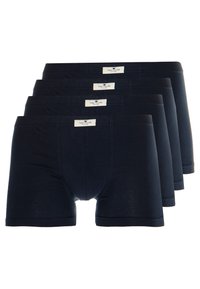 Boxeri din bumbac de culoare albastru închis, cu o textură moale, talie elastică și etichetă de branding discretă. Set de patru perechi așezate una peste alta.