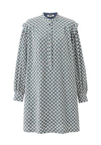 Langärmliges Kleid in blau-weißem Karomuster, mit Stehkragen und Knopfleiste, gerafften Ärmeln und lässiger Passform.