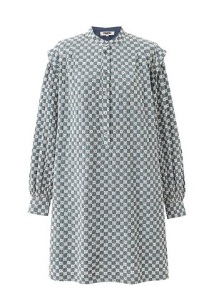 Langsleeve jurk in een blauw-wit geruit print, met een mandarin hals en knoopsluiting, voorzien van gathered mouwen en een relaxte pasvorm.