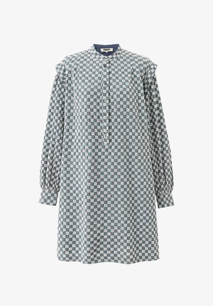 Langsleeve jurk in een blauw-wit geruit print, met een mandarin hals en knoopsluiting, voorzien van gathered mouwen en een relaxte pasvorm.