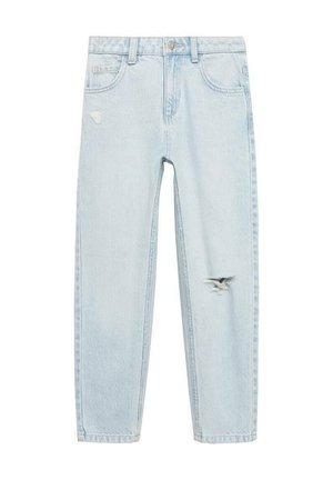 Ljust blå denimjeans med hög midja, rak passform, som har slitage-detaljer framtill, klassisk femfickdesign och knappstängning.