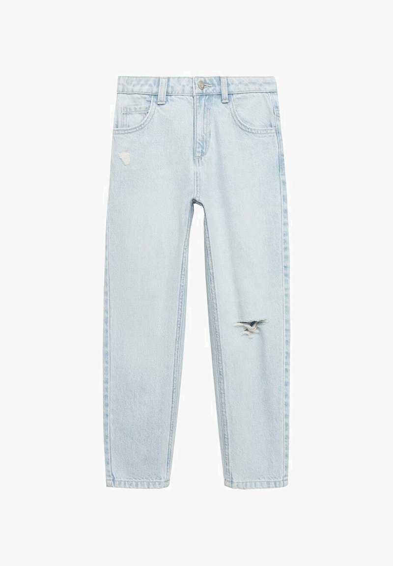 Svjetloplave traperice s visokim strukom, ravnog kroja, s istrošenim detaljima sprijeda, klasičnim dizajnom s pet džepova i kopčanjem na dugme.